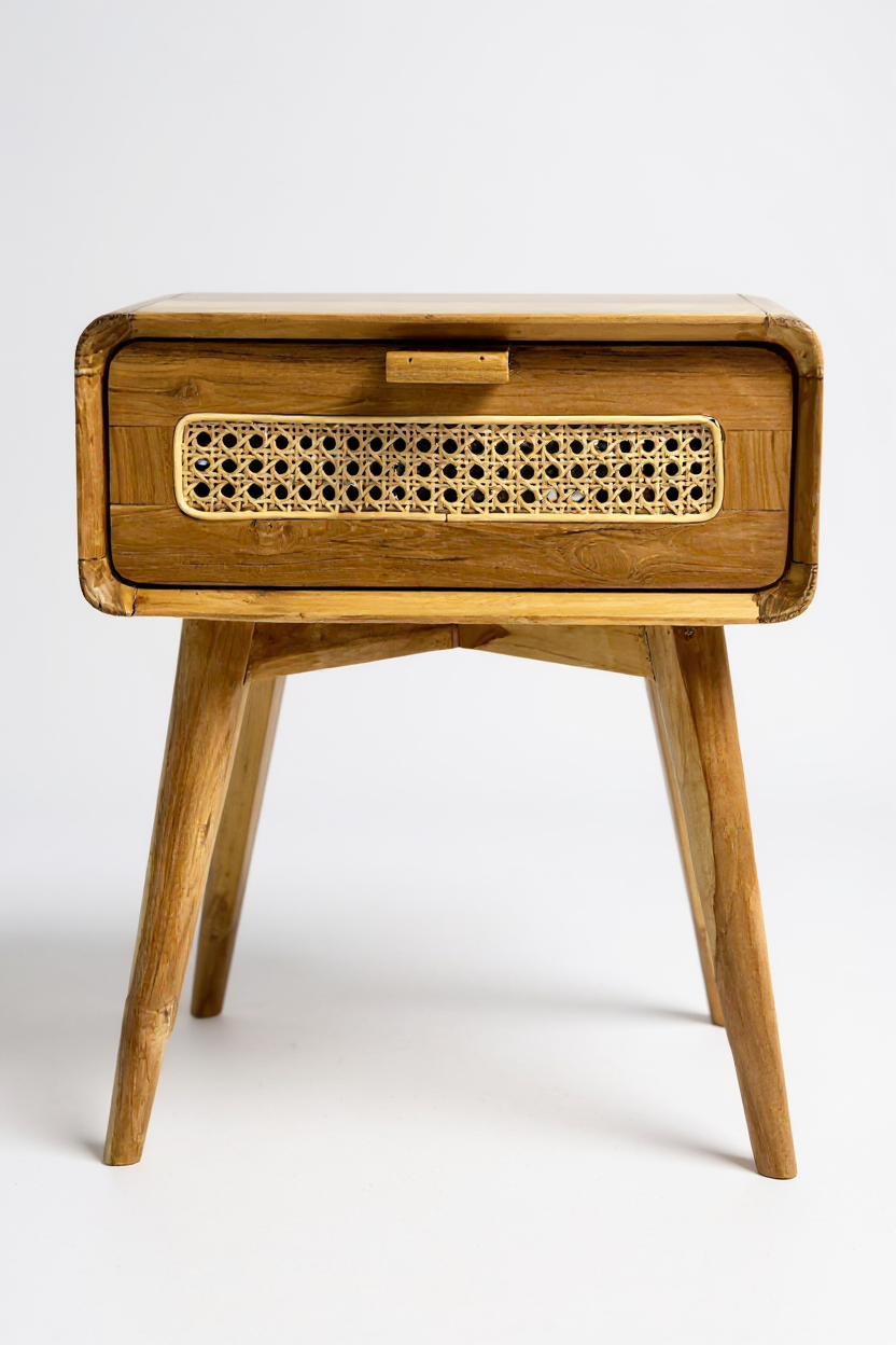 Nachttisch aus Teakholz mit Rattanfront und Schublade, frontale Ansicht, Maße 60 × 50 × 40 cm – FaHome.