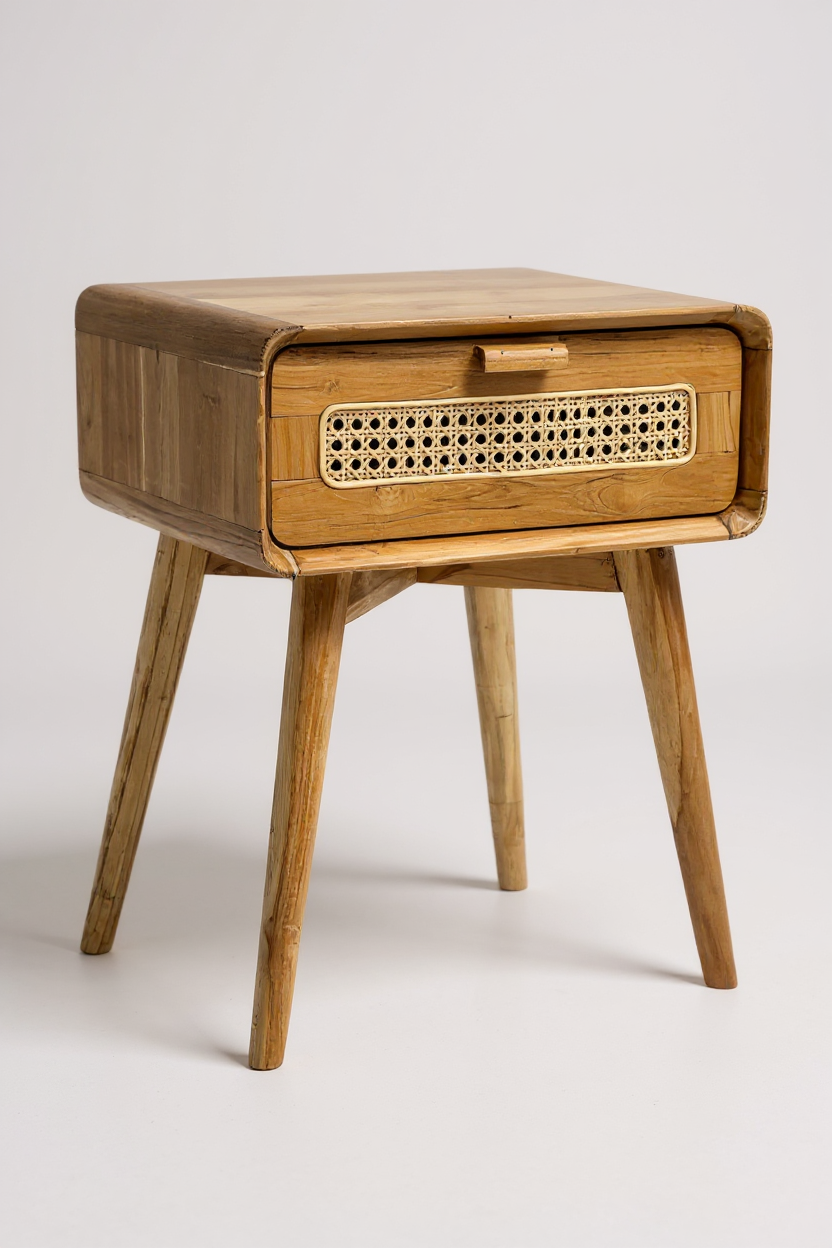 Nachttisch aus Teakholz mit Rattanfront und Schublade, Front-/Schrägansicht, Maße 60 × 50 × 40 cm – FaHome.