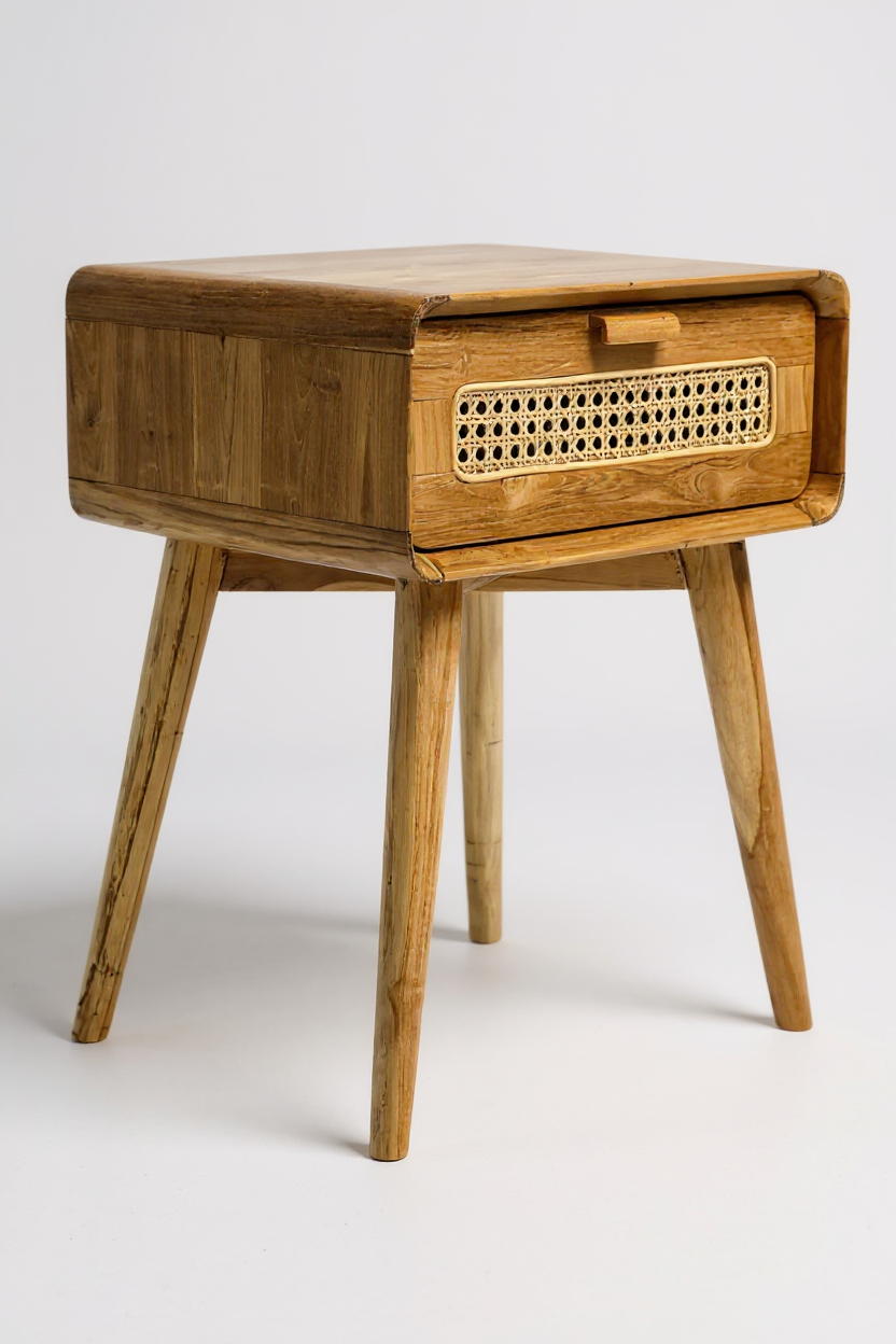 Nachttisch aus Teakholz mit Rattan-Schublade (60 × 50 × 40 cm), freigestelltes Produktfoto in Schrägansicht – FaHome.