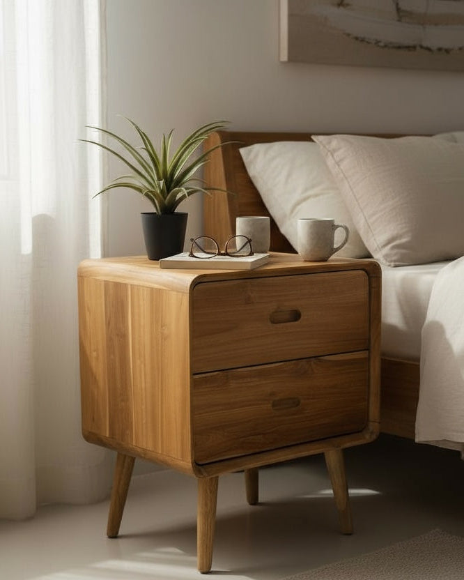 FaHome Nachttisch aus massivem Teakholz mit zwei Schubladen (50 × 40 × 60 cm), abgerundete Kanten auf konischen Beinen – warmes Holz, neben dem Bett im Schlafzimmer.