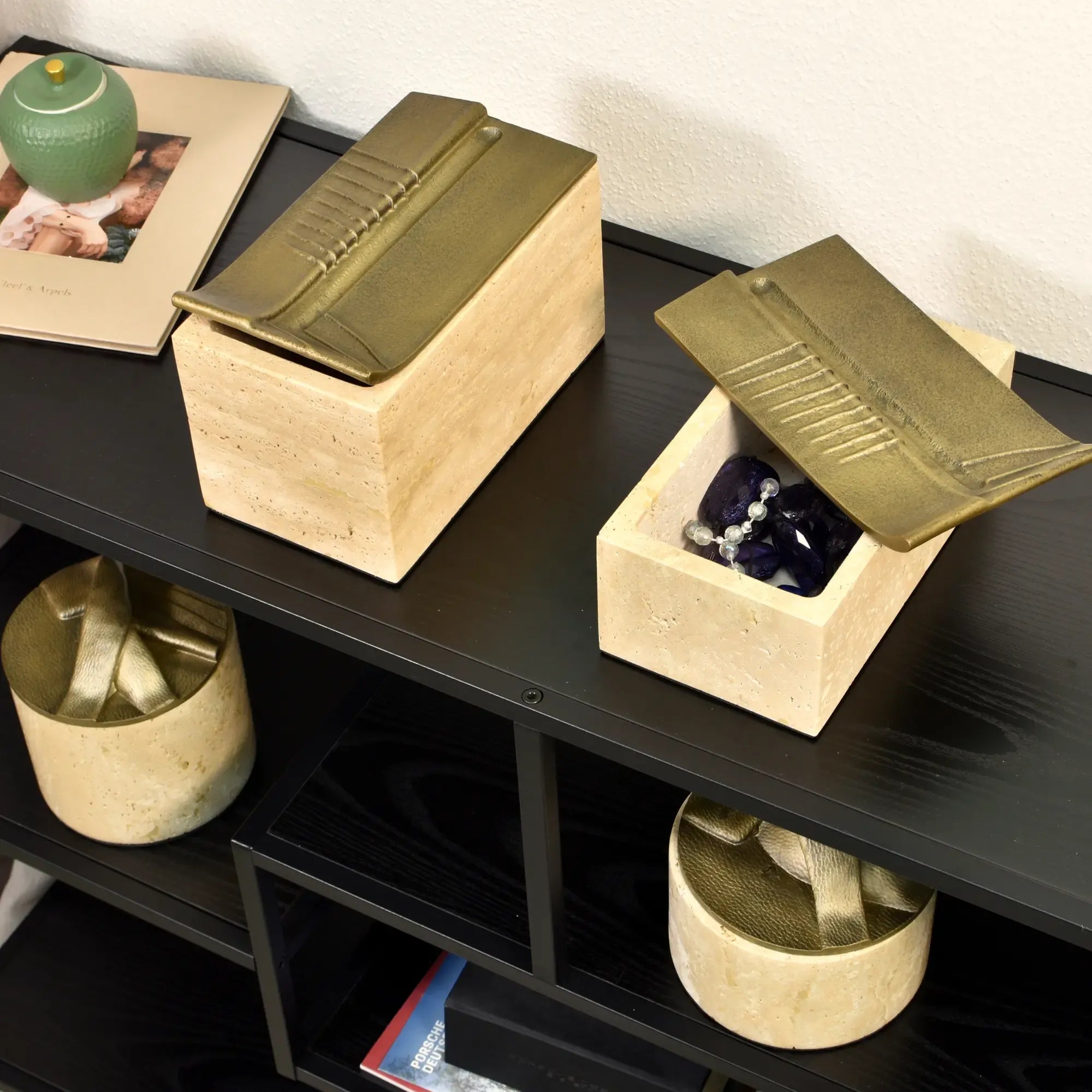 Aufbewahrungsbox - Schmuckdose aus Naturstein mit Messing-Deckel - Rechteckige Designbox Zeitlose Ablage Cassetta Aurea