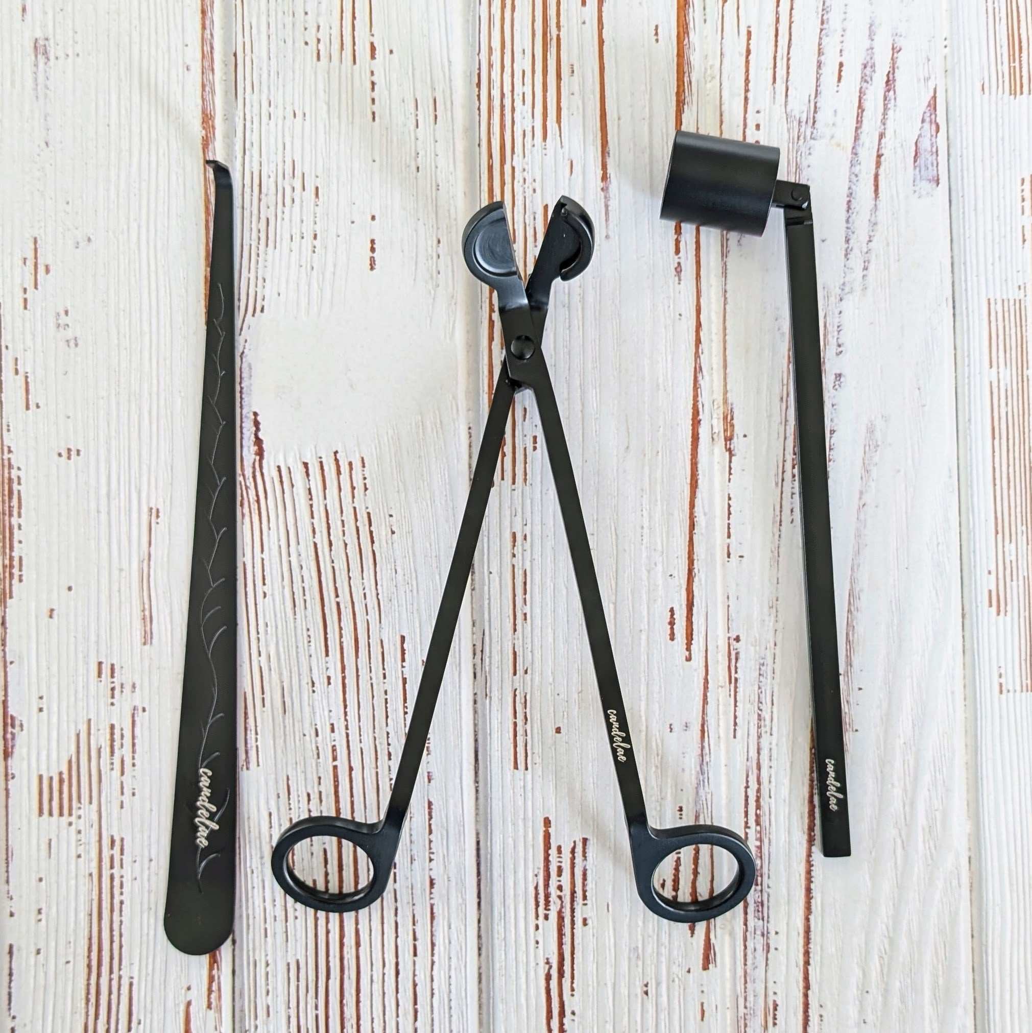 Schwarzes Kerzenpflege-Set mit Dochtschere, Kerzenlöscher und Dochtheber für Duftkerzen