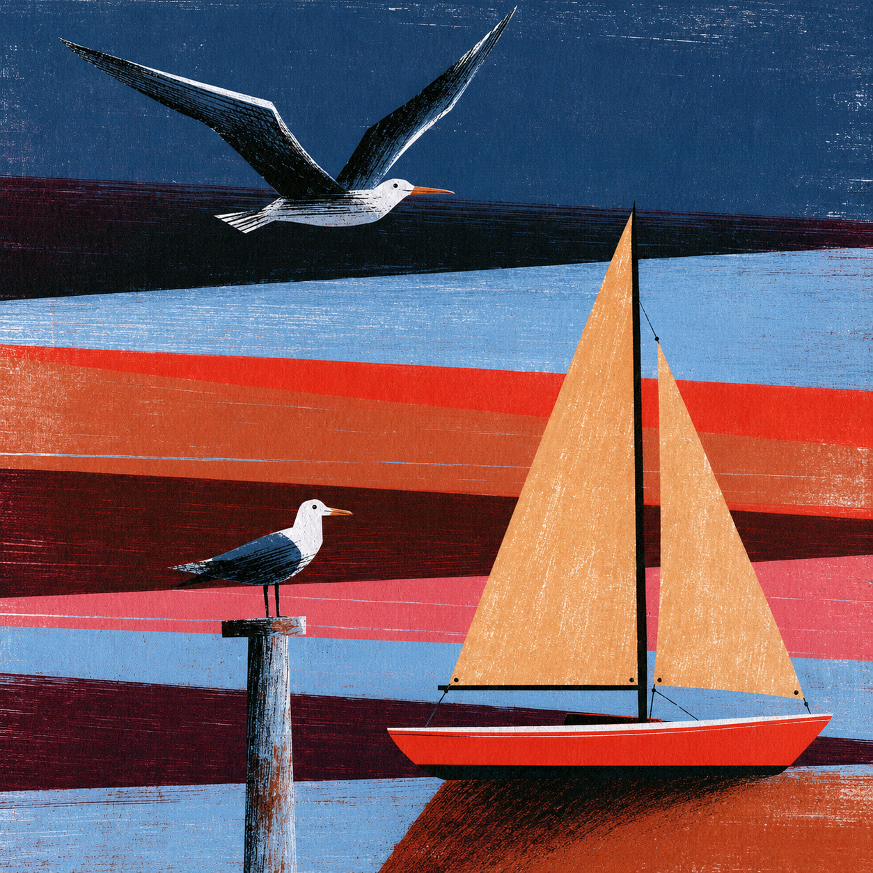 Maritime Illustration „Küstenfreiheit“ mit rotem Segelboot sowie einer fliegenden und einer sitzenden Möwe vor farbigen Streifen.