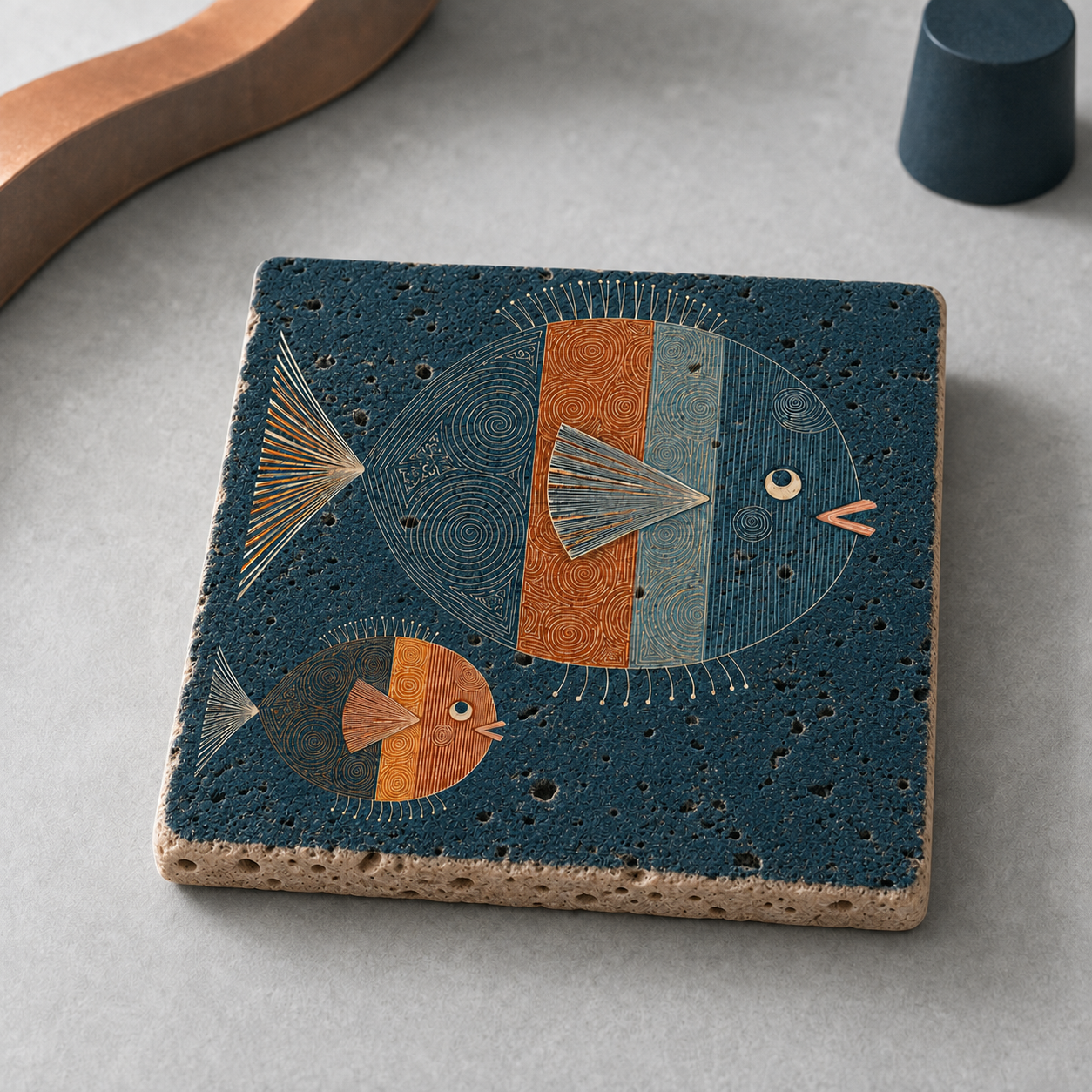 Travertin-Kunstwerk „Mare No. 03 – Fischduo“ mit zwei grafischen Fischen in Petrol und Kupfer auf hellgrauem Hintergrund.