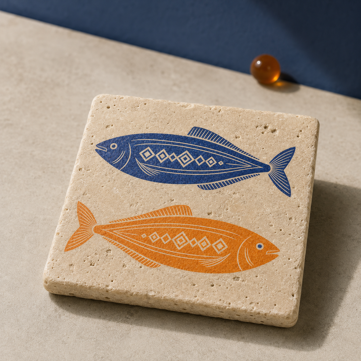 Travertin-Kunstwerk „Mare No. 04 – Gegenstrom“ mit zwei grafischen Fischen in Blau und Orange auf heller Steinfläche.