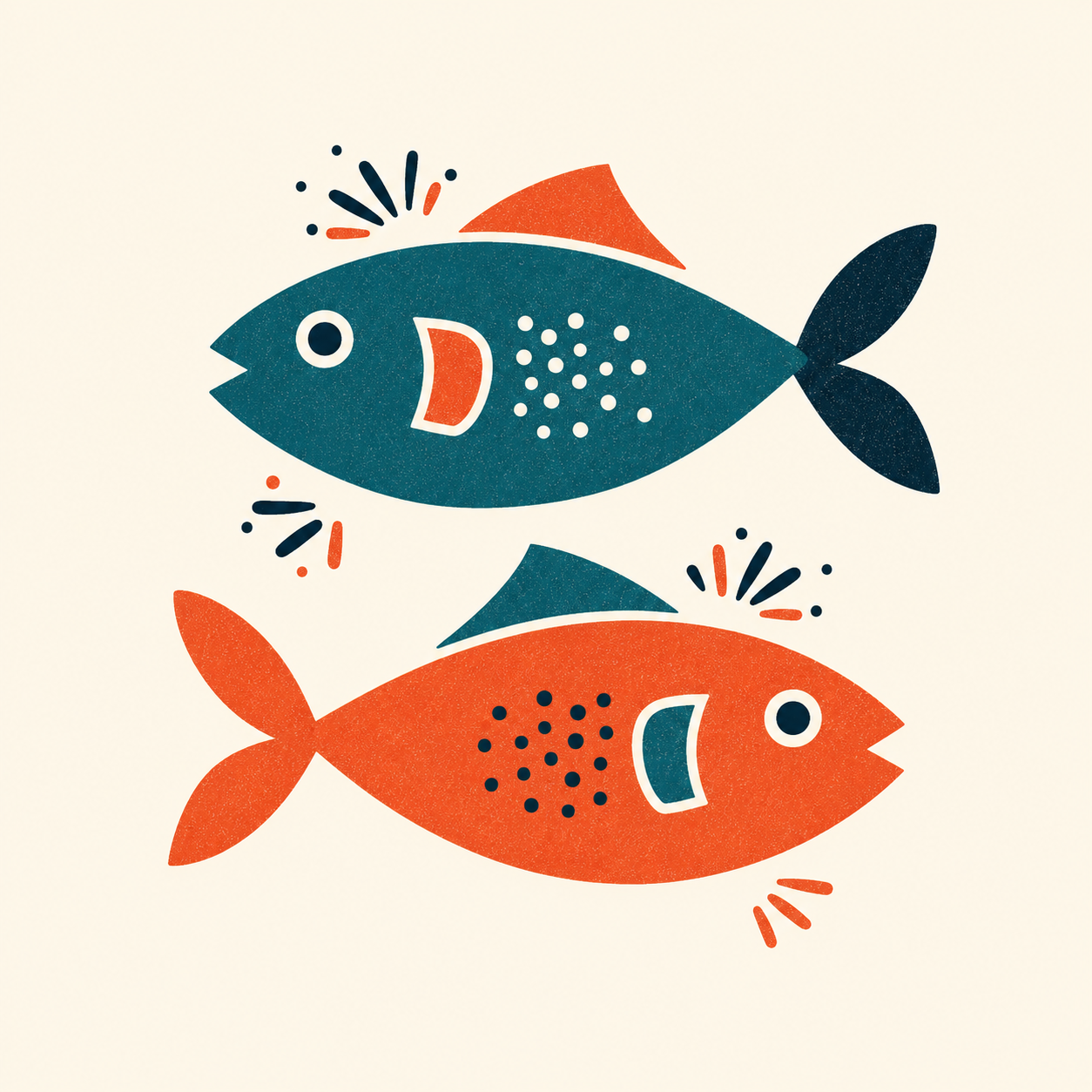 Grafisches Motiv „Mare No. 02“ mit zwei mediterranen Fischen in Petrol und Koralle auf cremefarbenem Hintergrund.