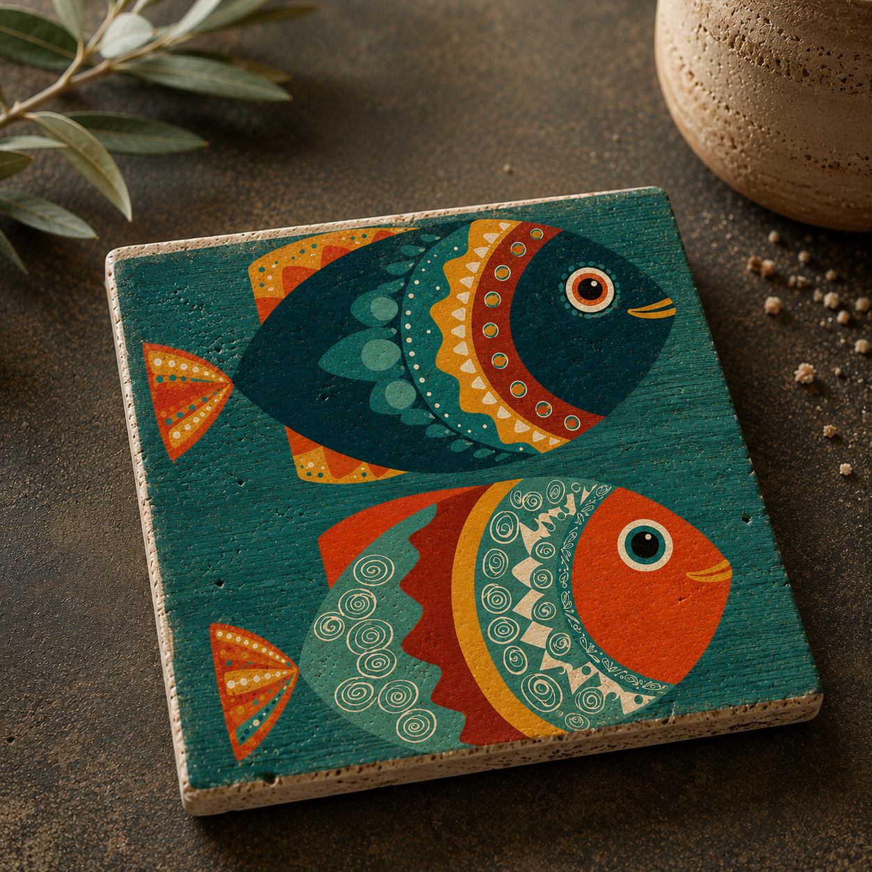 Bedrucktes Travertin-Kunstwerk „Mediterrane Fische“ mit zwei kunstvoll gestalteten Fischmotiven in Petrol, Orange und Gold.