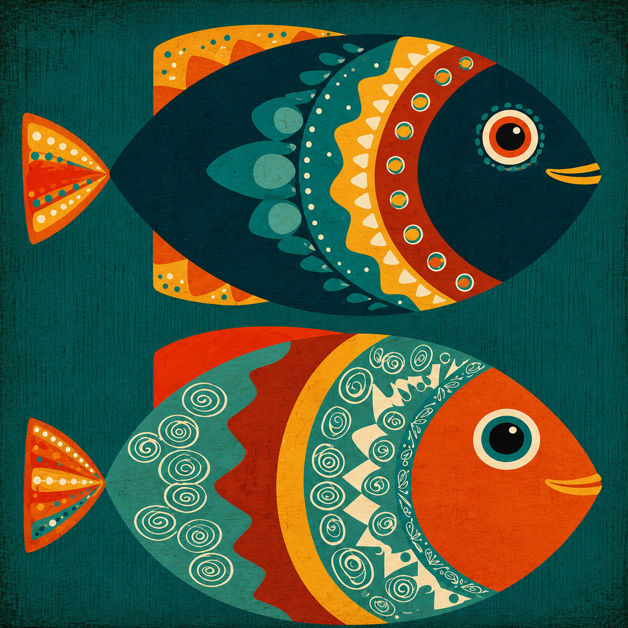 Illustration „Mediterrane Fische“ mit zwei kunstvoll verzierten Fischen in Petrol, Orange und Gold.