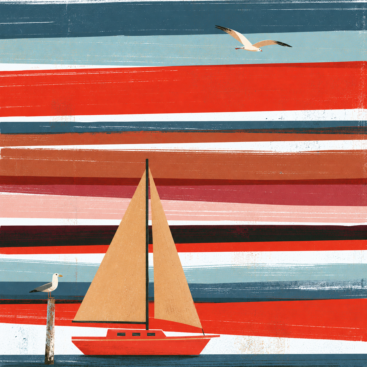 Maritime Illustration „Meerwärts“ mit korallrotem Segelboot, zwei Möwen und farbigen horizontalen Streifen.