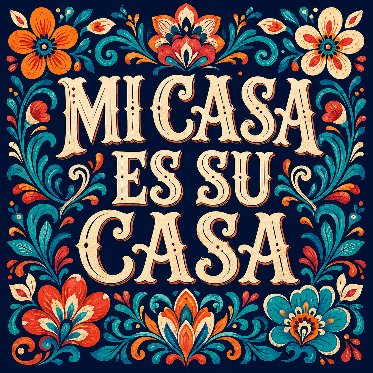 Florales Motiv „Mi Casa Es Su Casa“ in Petrol, Orange und Koralle auf dunkelblauem Hintergrund.