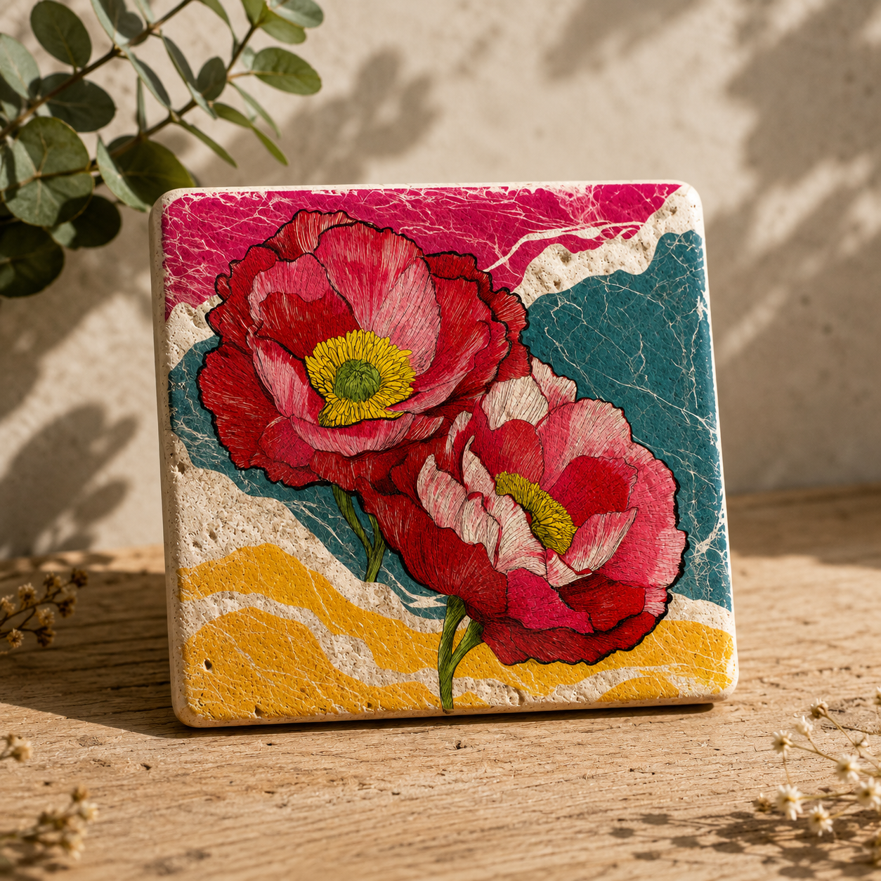 Mohnzauber – Kleines Kunstwerk aus Travertin mit Mohnblütenmotiv als dekorative Naturstein-Fliese auf einem Holztisch in stilvoller Wohnatmosphäre.