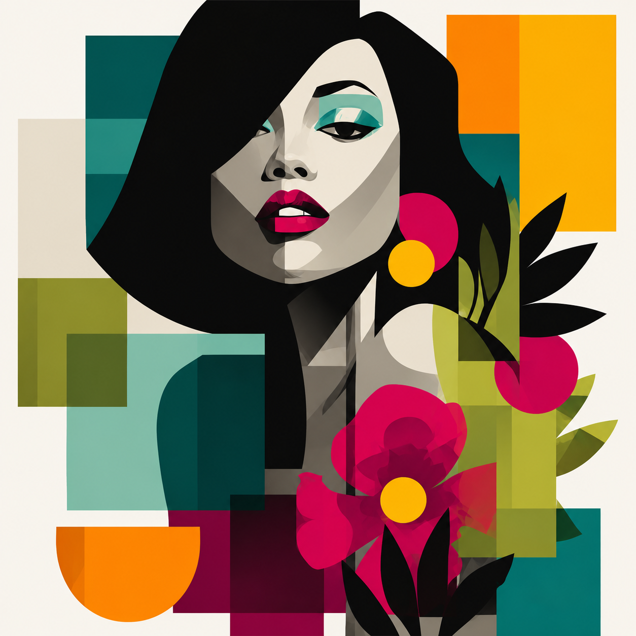 Noiré – Modernes Kunstwerk aus Travertin mit grafischem Frauenporträt, geometrischen Formen, floralen Elementen und kräftigen Komplementärfarben.