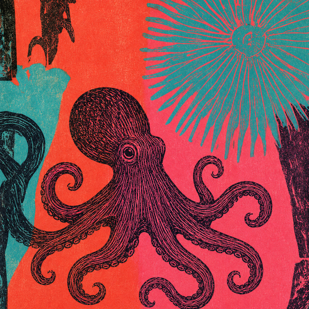 Farbenfrohes Oktopus-Motiv in Korallenrot, Pink und Türkis für Mare No. 05 auf Travertin.