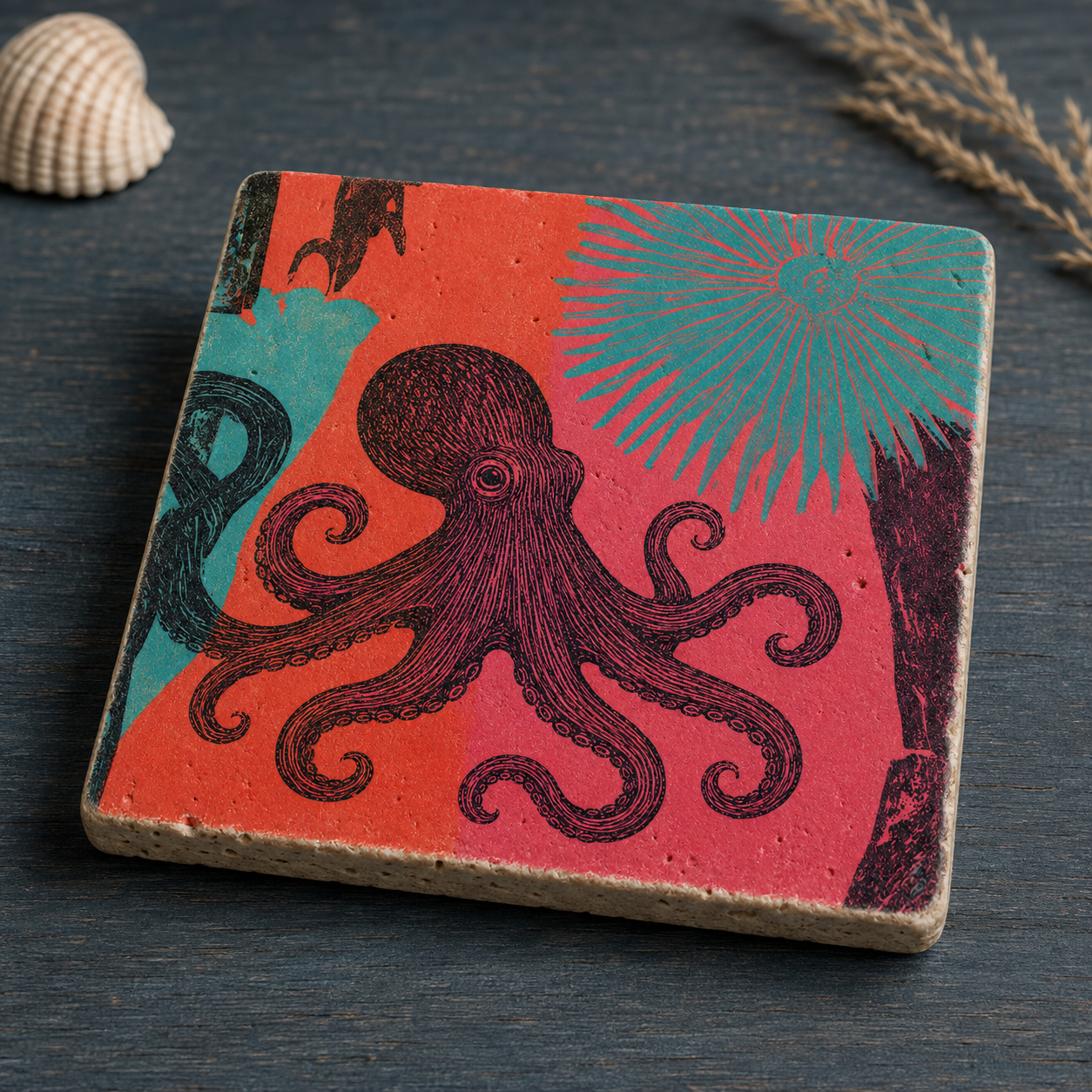 Mare No. 05 – farbenfroher Oktopus auf echtem Travertin, liegend auf einem dunklen Holztisch.
