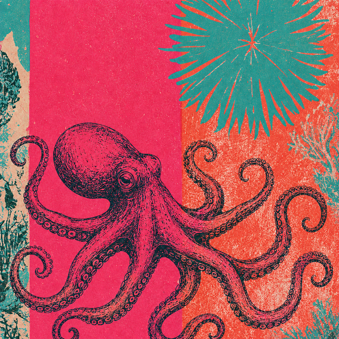 Mare No. 06 – Oktopus im Korallengarten in Pink, Korallrot und Türkis im ausdrucksstarken Vintage-Stil.