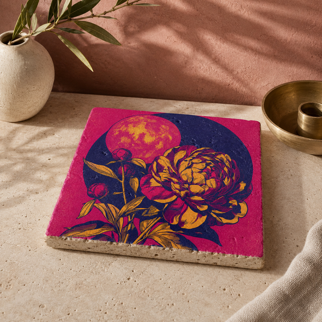 Liegende Travertinfliese mit grafischer Pfingstrose in Fuchsia, Gold und Indigo auf einer hellen Natursteinfläche.