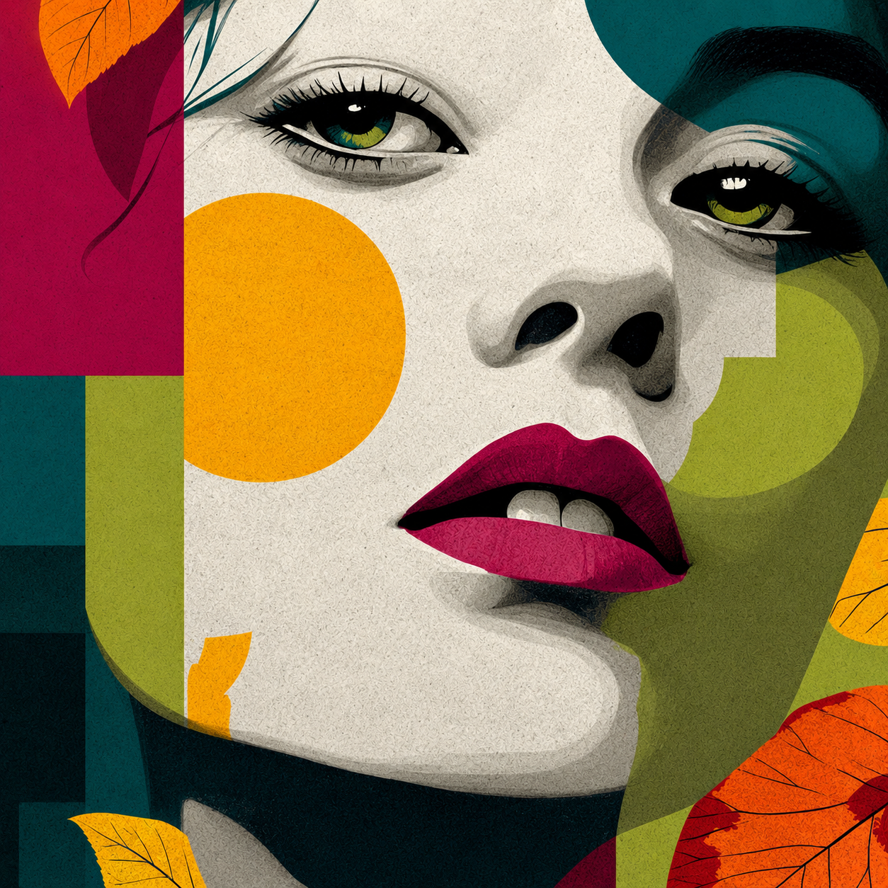 Urban Muse No. 01 – Modernes Pop-Art Frauenporträt mit kräftigen Komplementärfarben als kleines Kunstwerk auf echtem Travertin.