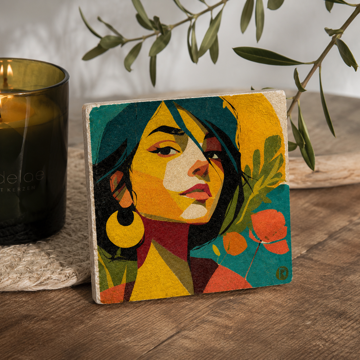 Solea – Kleines Kunstwerk aus Travertin mit modernem Frauenporträt als dekorative Naturstein-Fliese in stilvoller Wohnatmosphäre.