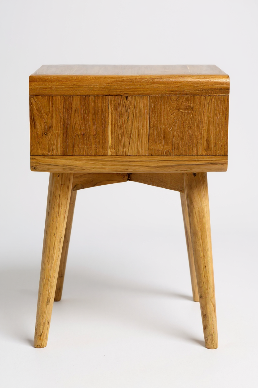 Nachttisch aus Teakholz in Rückansicht mit konischen Beinen – Maße 60 × 50 × 40 cm, Candelae / FaHome.