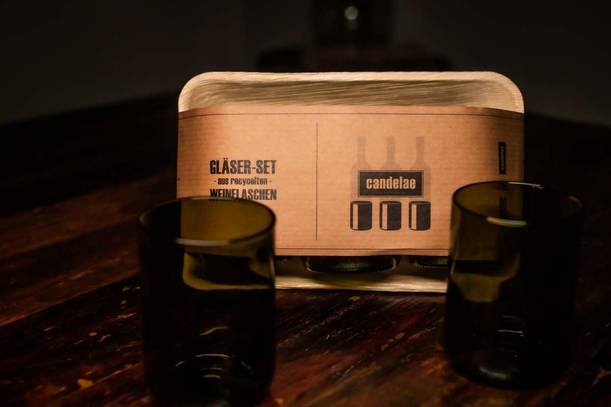 Nachhaltige Trinkgläser aus recycelten Weinflaschen, spülmaschinenfest und robust