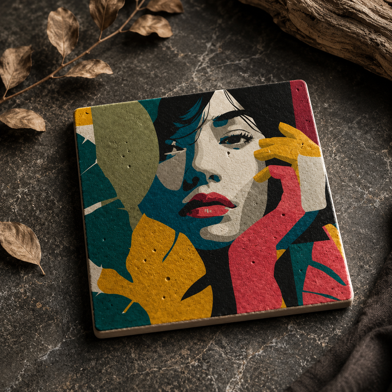 Urban Noir No. 01 als kleines Kunstwerk aus echtem Travertin mit modernem Pop-Art Frauenporträt auf einer stilvoll dekorierten Tischoberfläche.