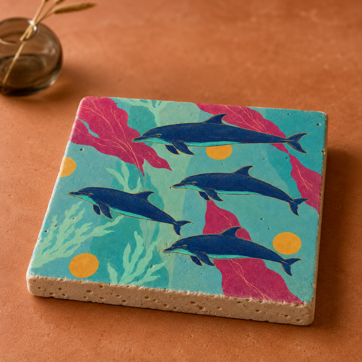 Liegende Travertinfliese „Delfintanz“ mit vier Delfinen in Türkis, Indigo und Fuchsia.