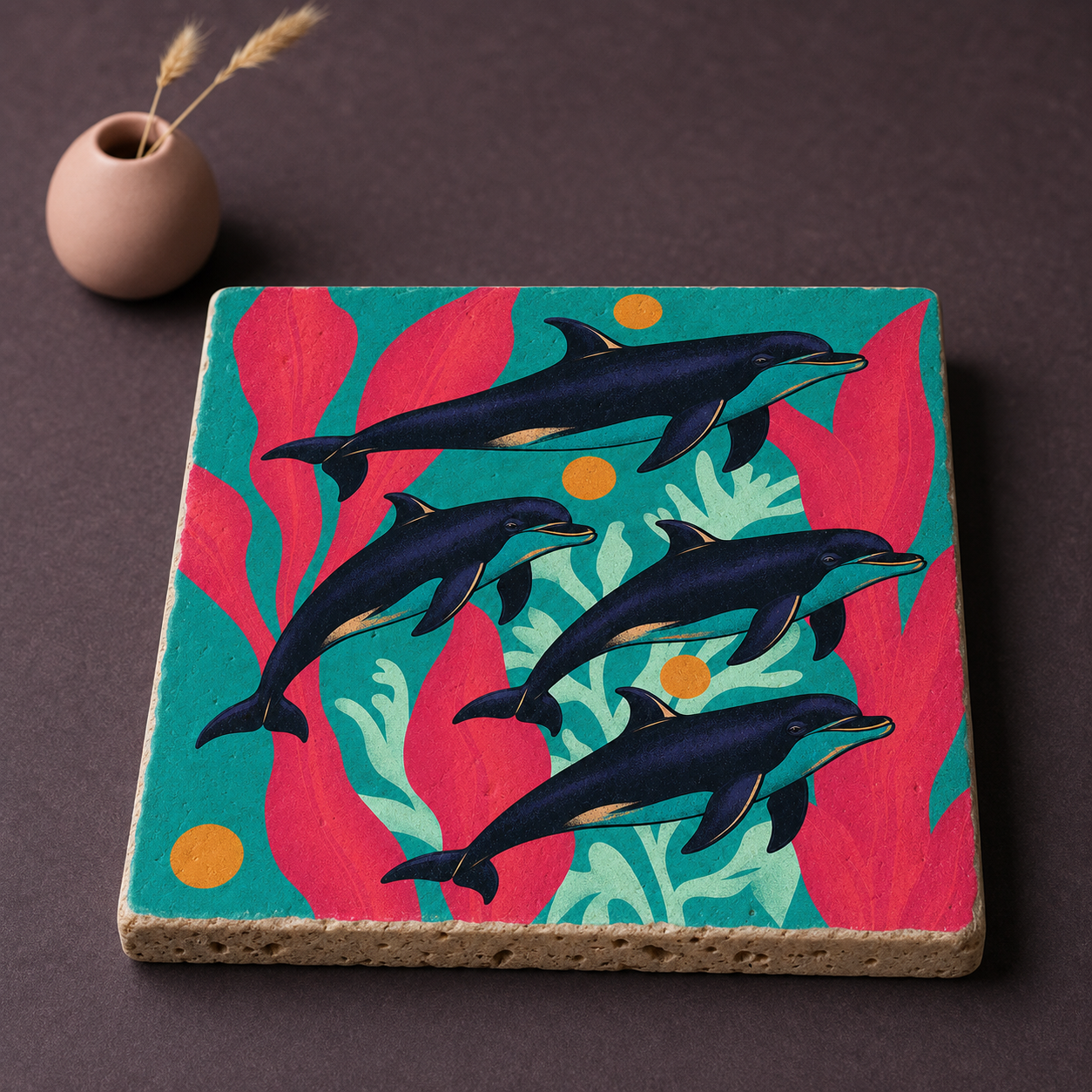 Liegende Travertinfliese „Meeresbande“ mit vier Delfinen in Türkis, Fuchsia und Indigo.