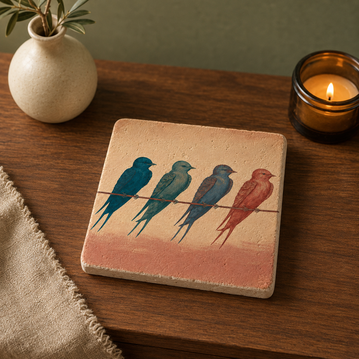 Liegendes kleines Kunstwerk aus Travertin „Zusammenhalt“ mit vier farbigen Schwalben auf einem Holztisch neben Vase und Kerze.