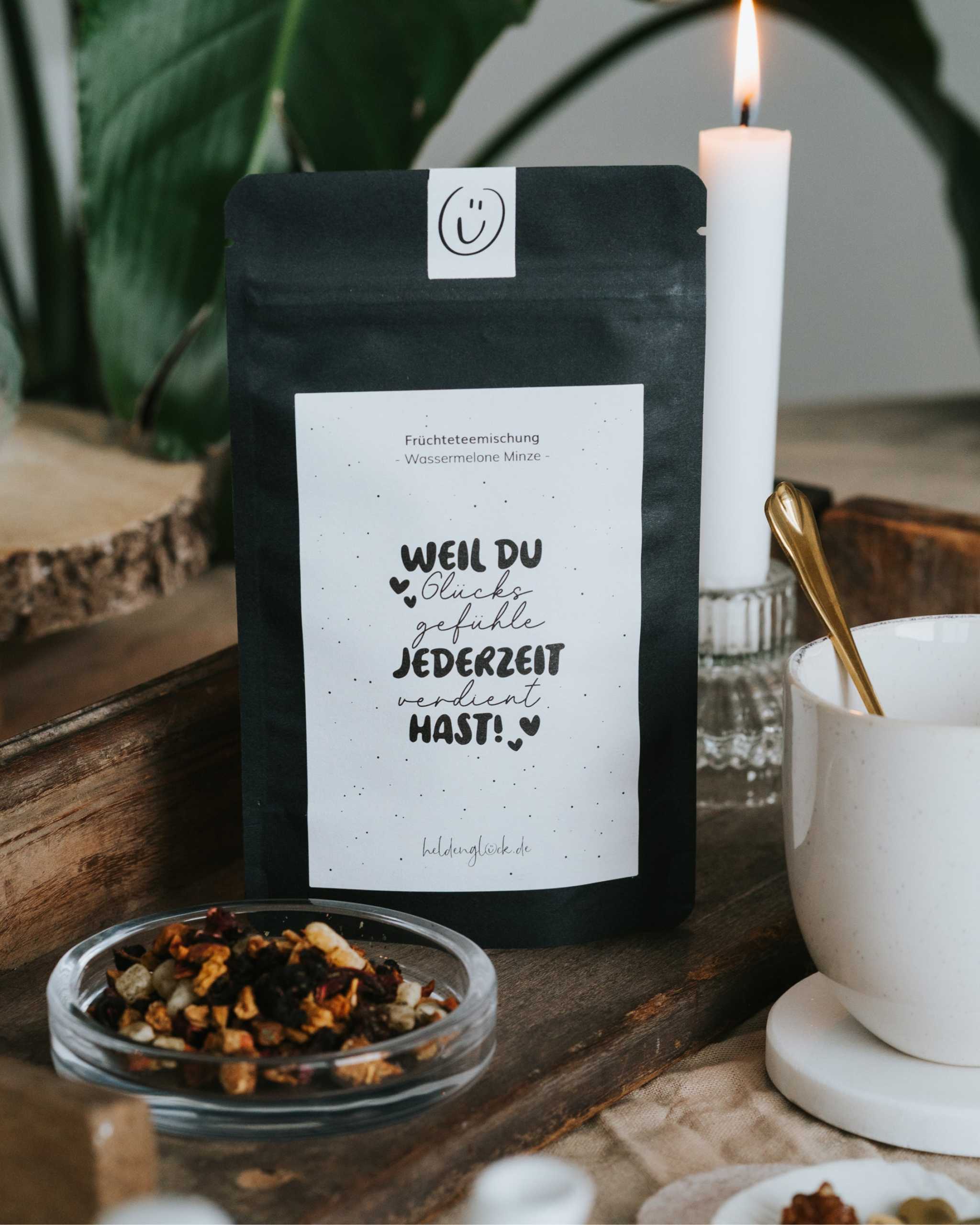 Früchtetee Wassermelone Minze Packung mit sommerlich-frischem Tee und liebevollem Glücksspruch