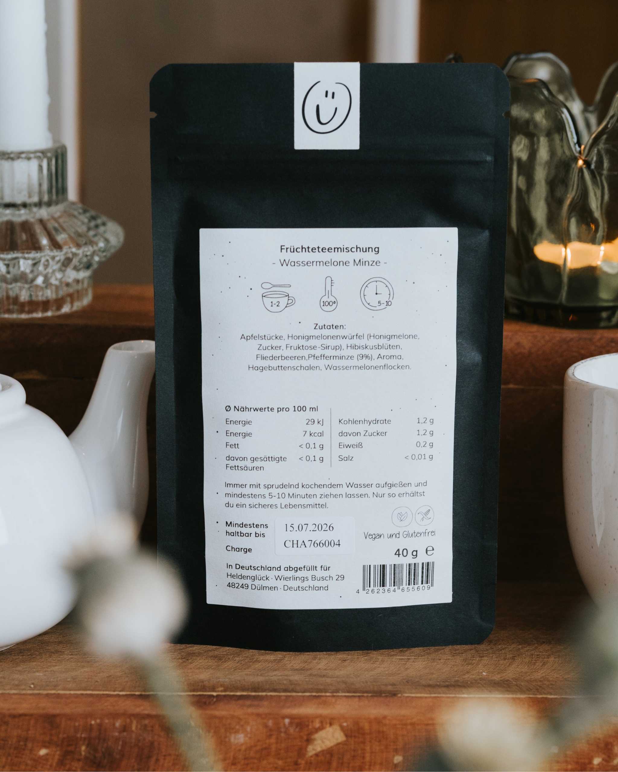 Früchtetee Wassermelone Minze mit fruchtig-frischer Wassermelone und Pfefferminze, vegan und nachhaltig abgefüllt in Deutschland