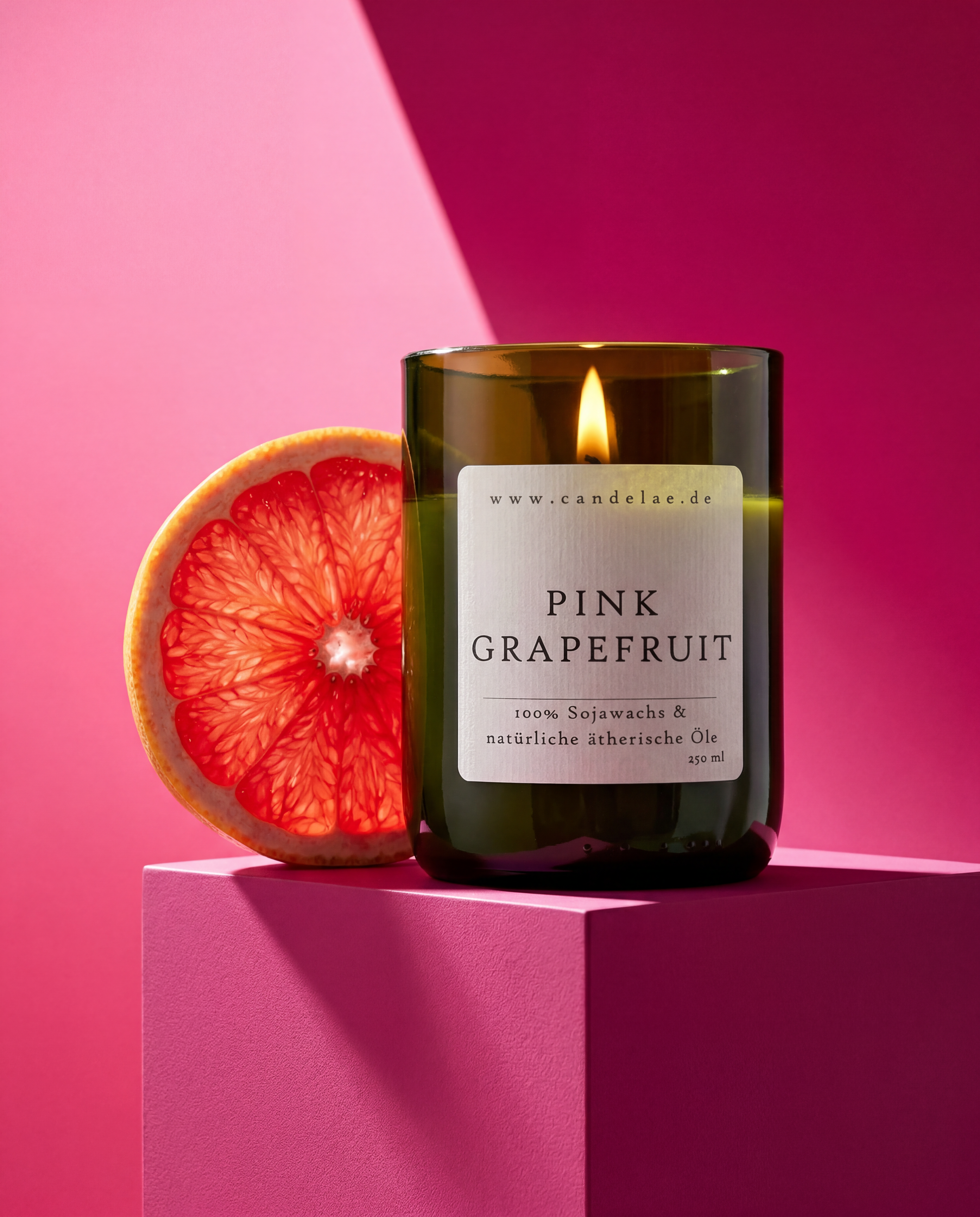 Pink Grapefruit Duftkerze aus Sojawachs im recycelten Weinflaschenglas mit natürlichem Zitrusduft