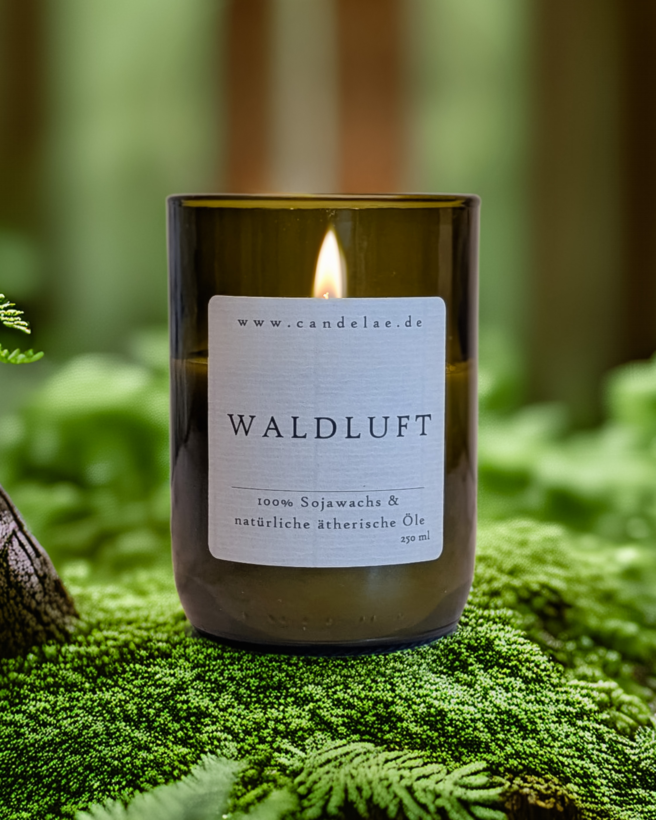 Duftkerze WALDLUFT aus recycelter Weinflasche mit natürlichem Sojawachs und ätherischen Ölen, fotografiert im Moos mit Waldhintergrund – nachhaltige Kerze von Candelae.