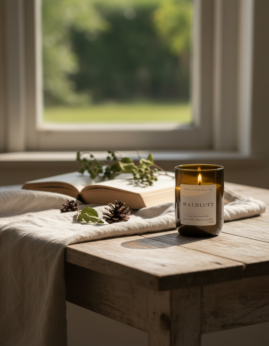 Natürliche Duftkerze WALDLUFT aus Sojawachs im Glas von Candelae auf einem Holztisch am Fenster, ruhiger Alltagsmoment mit Kerzenlicht.