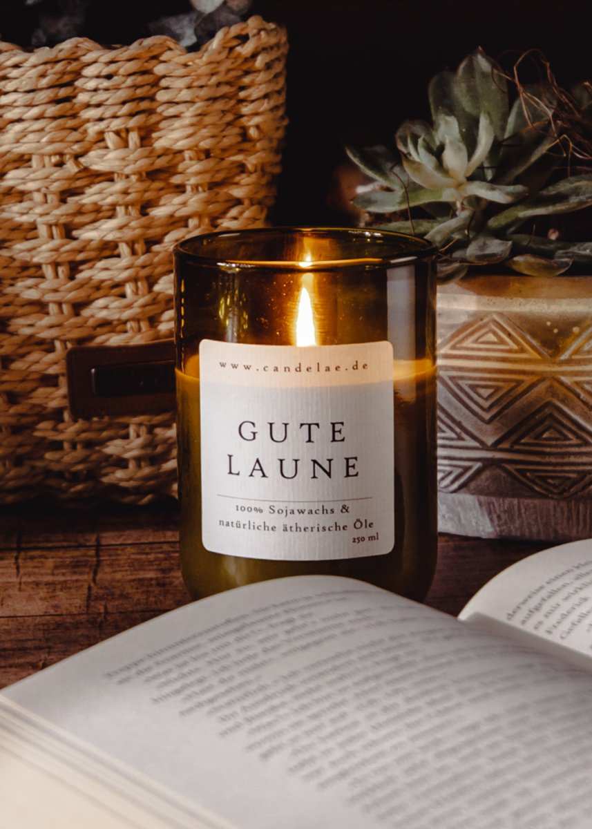 Gute Laune Kerze handgefertigte Duftkerze aus Sojawachs in grünem Glasbehälter beim Lesen eines Buches