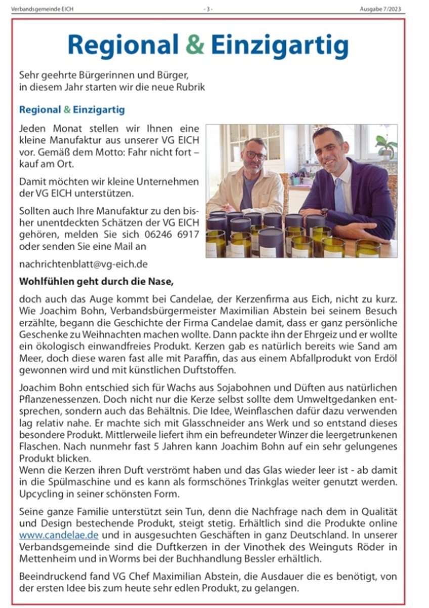 Maximilian Abstein, Bürgermeister der Verbandsgemeinde Eich, besucht Candelae Duftkerzen Start-up