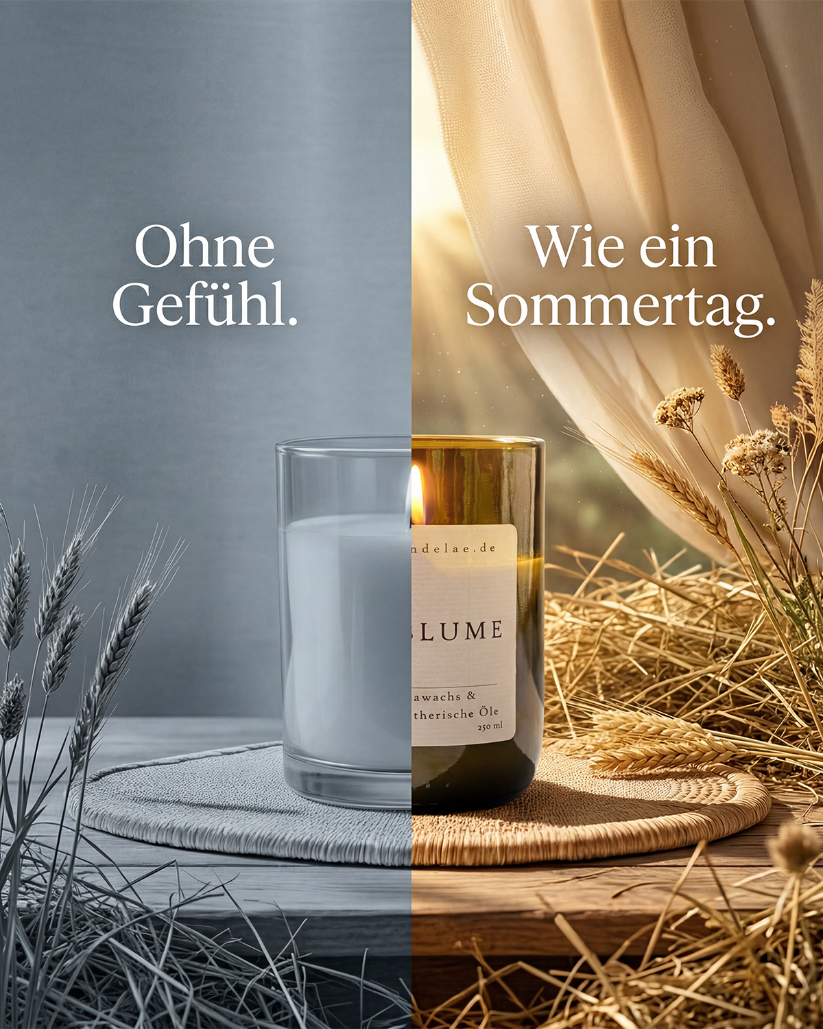 Gute Duftkerzen Vergleich – links emotionslose Kerze, rechts warme natürliche Duftkerze mit Sommer-Atmosphäre