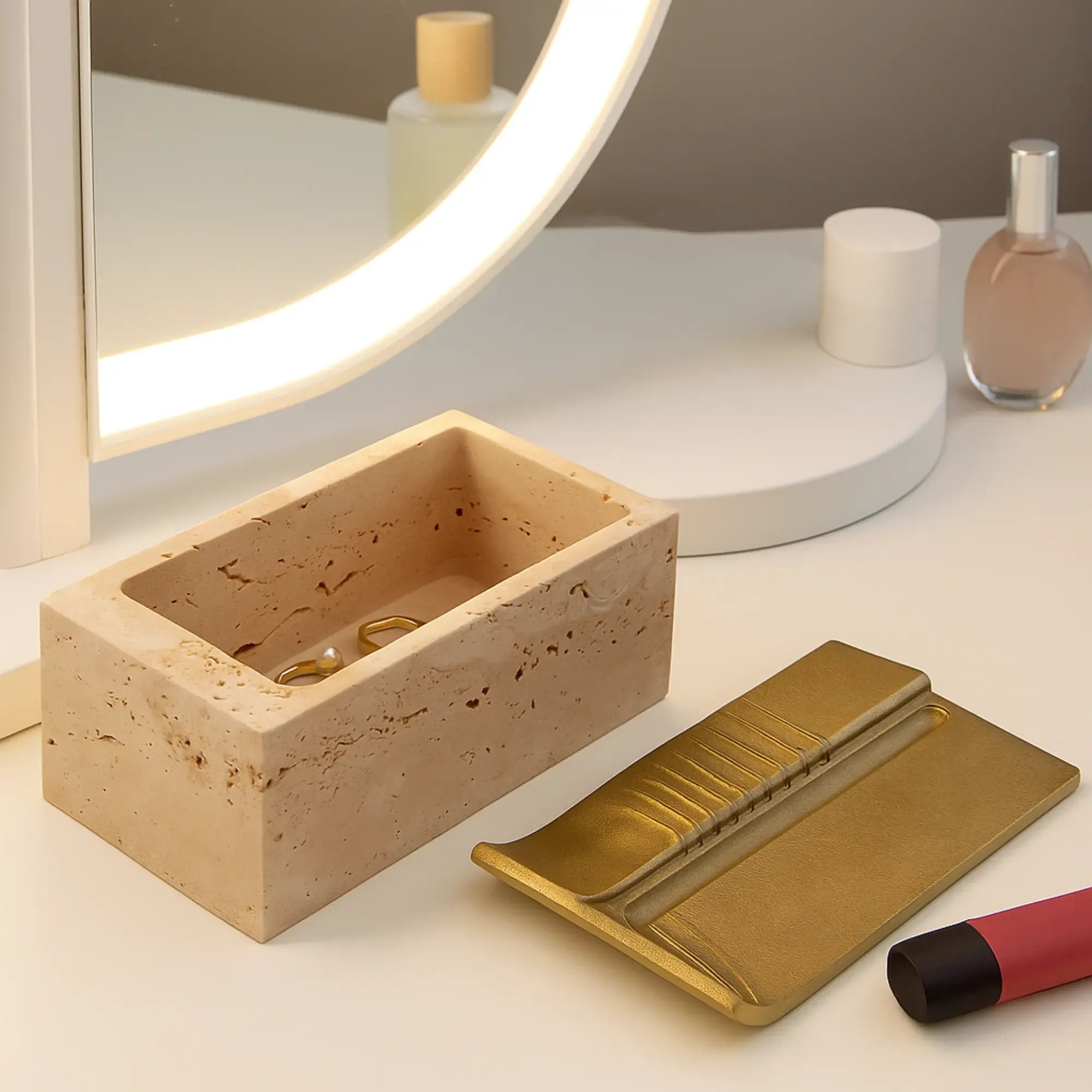 Aufbewahrungsbox - Schmuckdose aus Naturstein mit Messing-Deckel - Rechteckige Designbox Zeitlose Ablage Cassetta Aurea