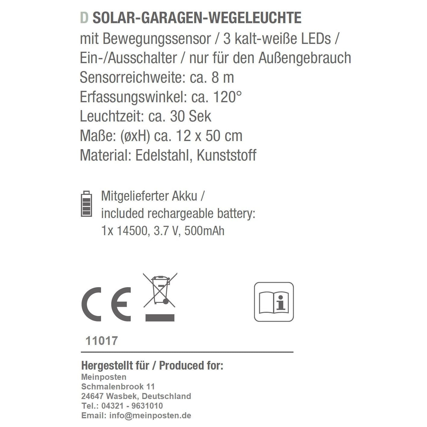 Außenleuchte LED Solar Bewegungsmelder Wegeleuchte Gartenleuchte Solarleuchte