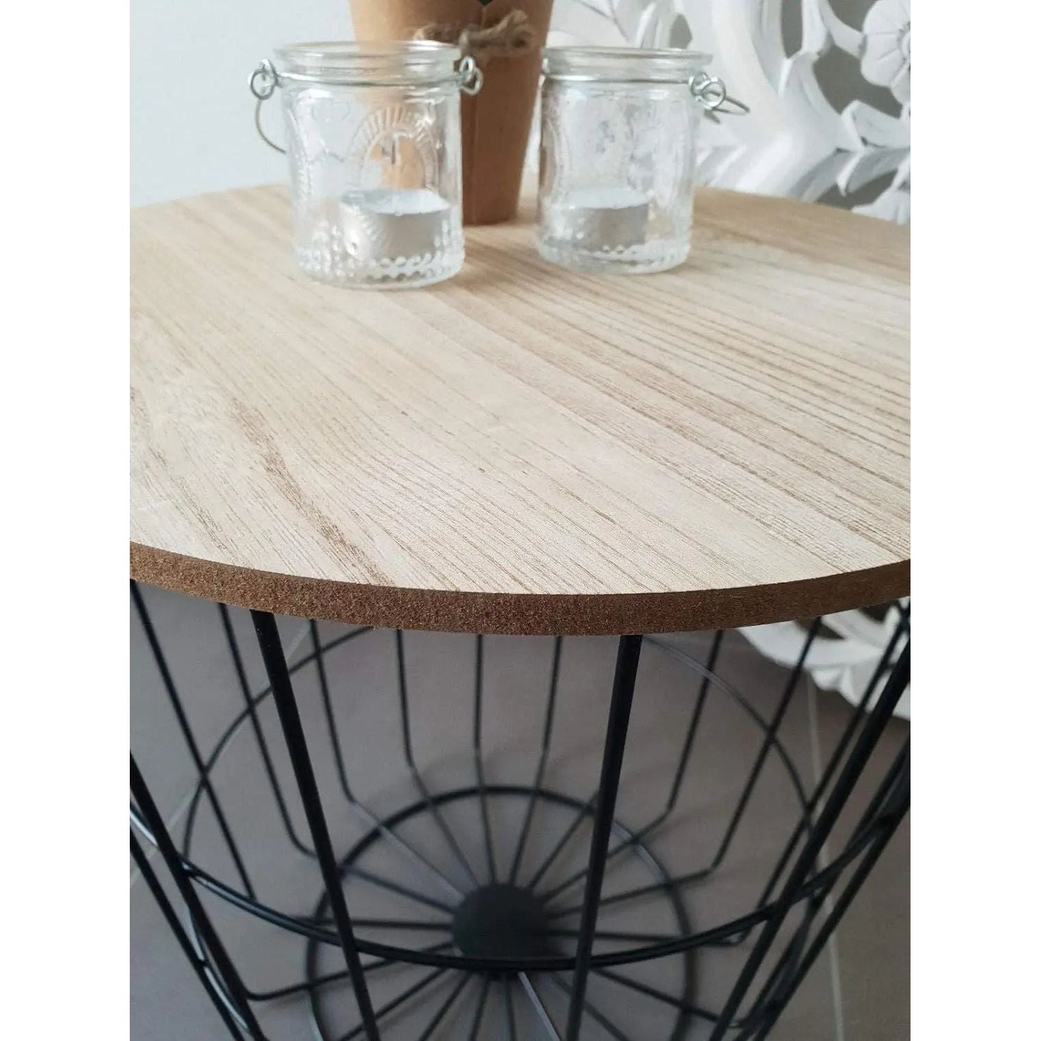 Beistelltisch Ø 39 cm Schwarz – Runder Tisch mit Stauraum aus Metall & Holz als Nachttisch