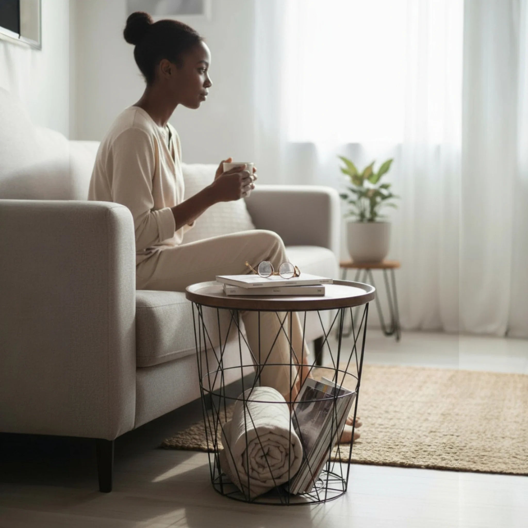 Beistelltisch Couchtisch Stauraumtisch Metalltisch mit Holzplatte Nussbaum schwarz 37x39