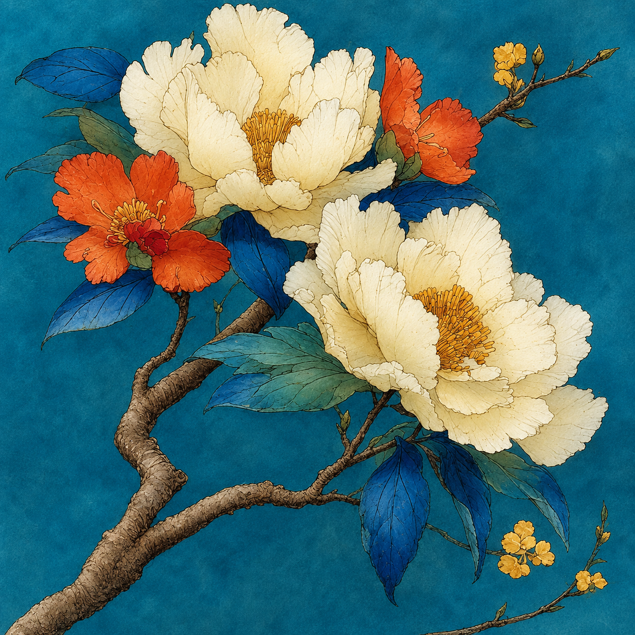 Florales Motiv „Blütenpoesie“ mit cremeweißen Pfingstrosen, korallroten Blüten und goldenen Akzenten vor Türkisblau