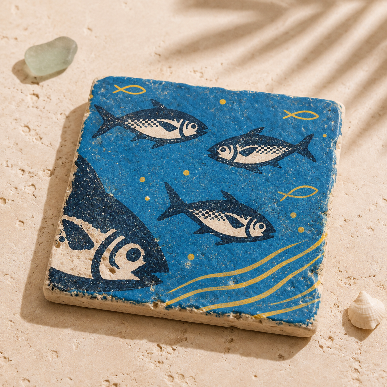 Mare No. 16 – Fischschwarm im Tiefenblau als kleines Kunstwerk auf 10 × 10 cm Travertin in maritimer Produktinszenierung