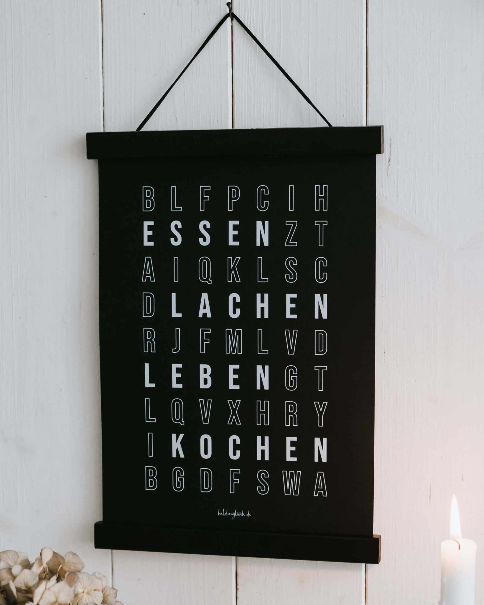 Poster „Essen, Lachen, Leben, Kochen“ in modernem Schwarz-Weiß-Design für die Küche, DIN A4, nachhaltig produziert