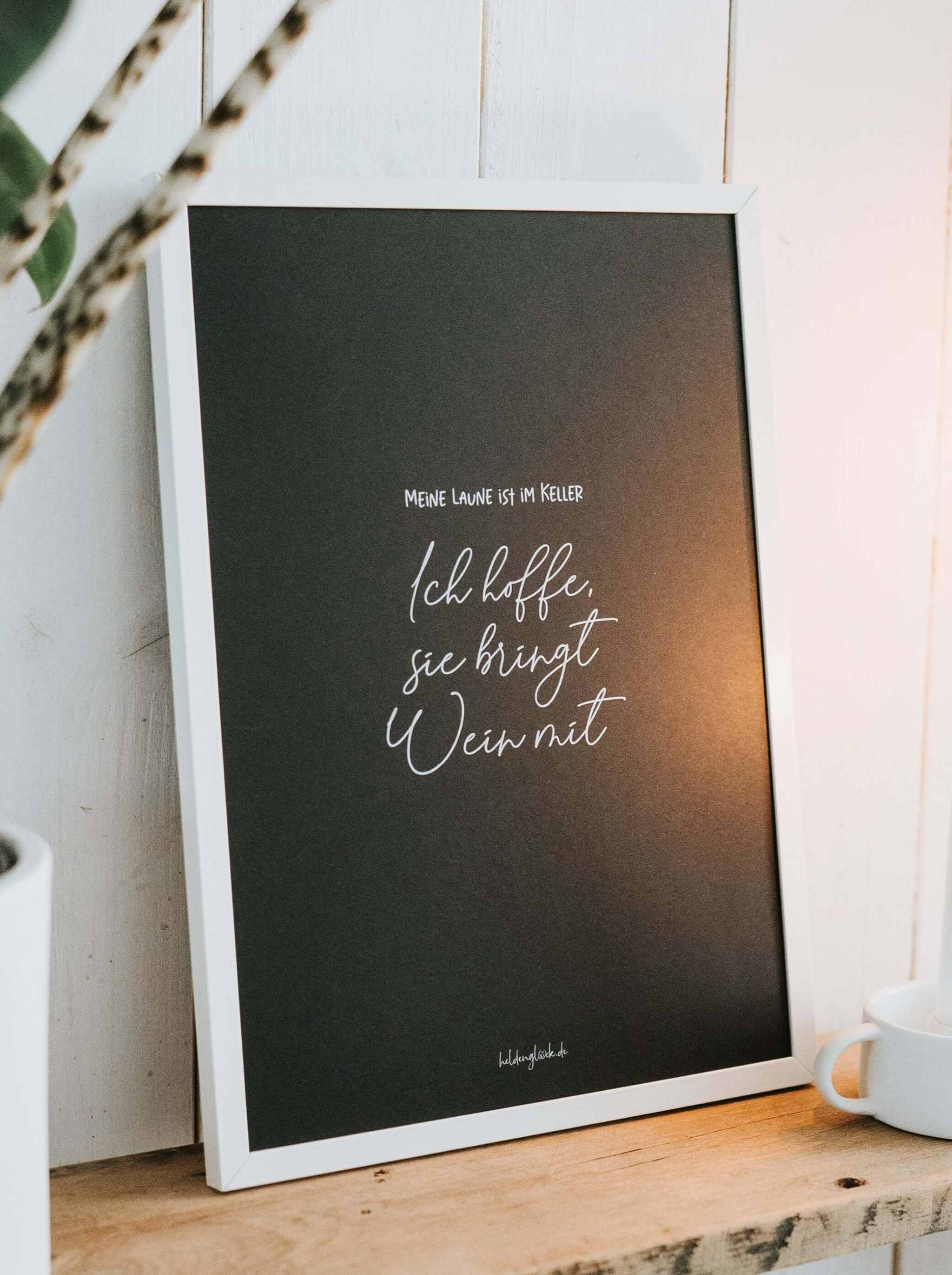 Poster "Meine Laune ist im Keller" mit humorvollem Weinspruch auf mattem DIN A4-Papier