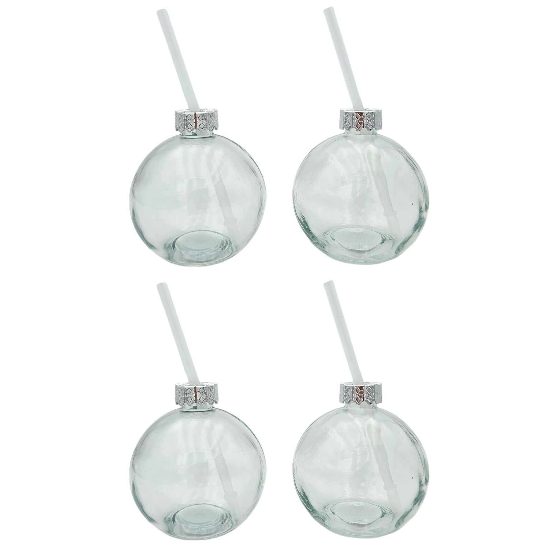 Weihnachtskugel Trinkglas Set – 4 transparente Gläser mit Trinkhalm (400 ml) für Xmas Drinks
