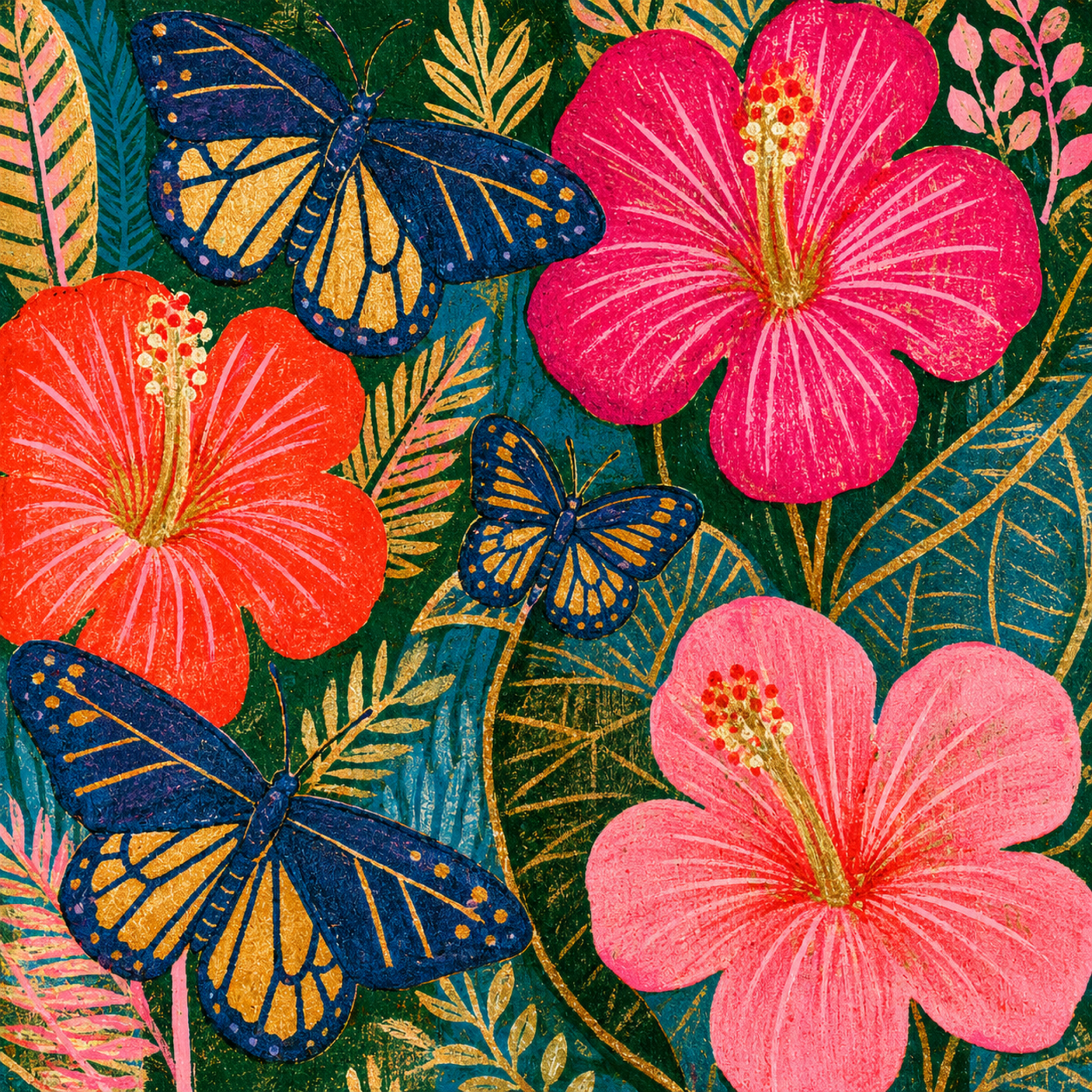 Druckmotiv Tropenflug mit drei dunkelblauen Schmetterlingen, bunten Hibiskusblüten und tropischen Blättern