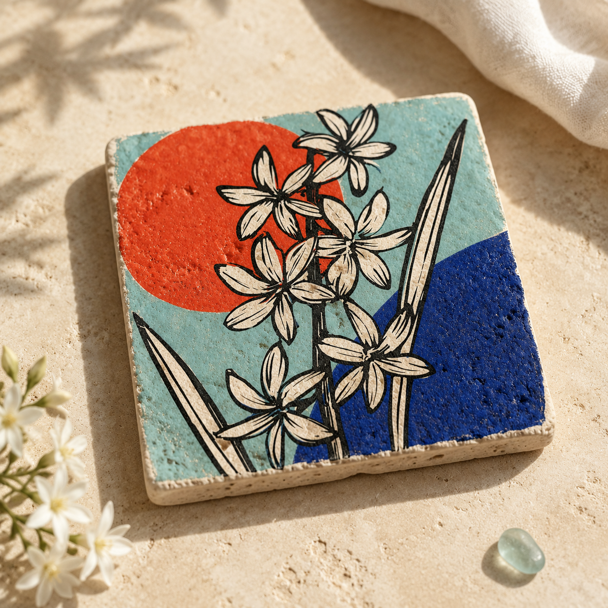 Travertin-Kunstwerk mit grafischer Hyazinthe vor korallroter Sonne und kobaltblauer Farbfläche in sonniger Inszenierung
