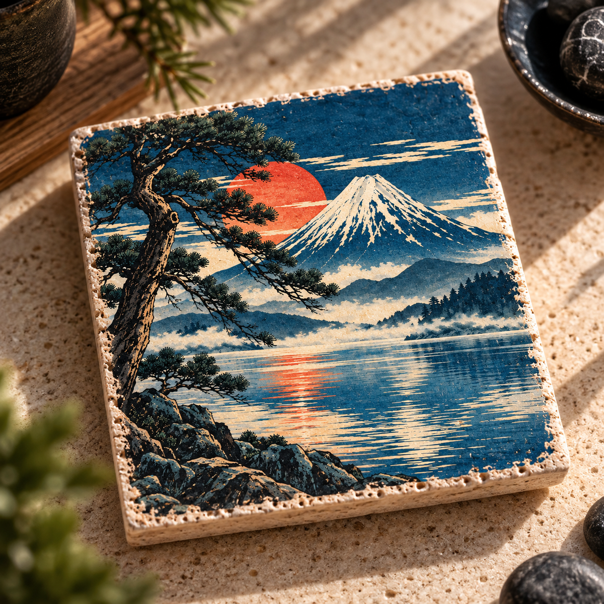 Fuji Morgenrot | Kleines Kunstwerk aus Travertin