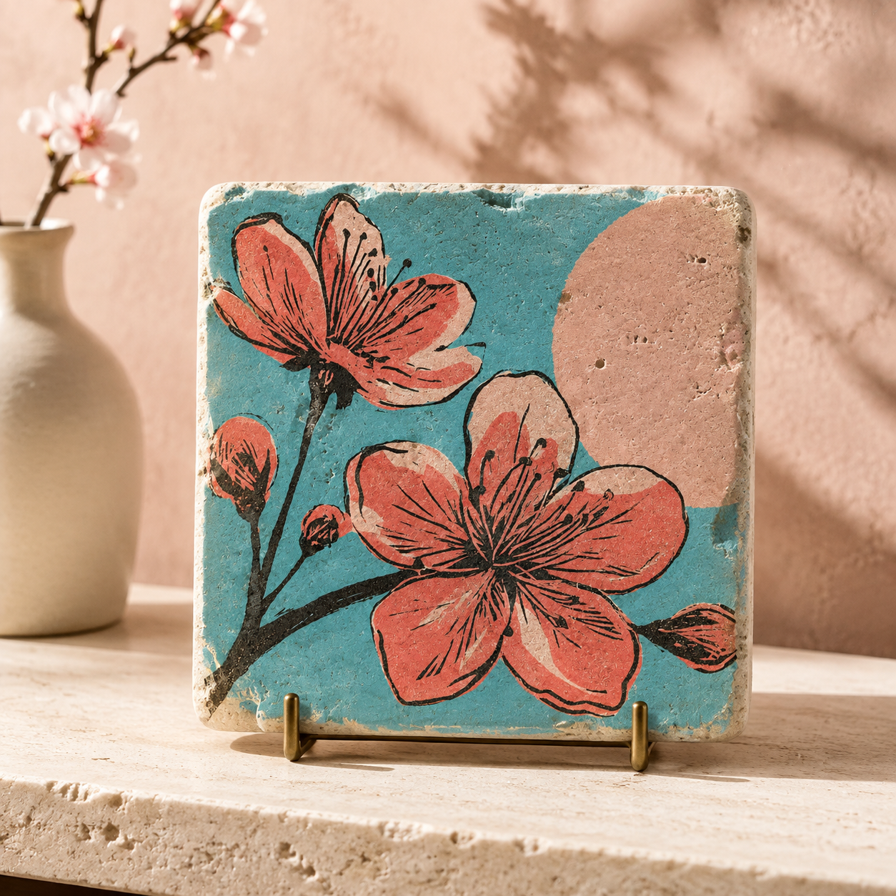 Travertin-Kunstwerk mit korallrosa Kirschblüten auf Türkis, dekorativ auf einem Messingständer präsentiert
