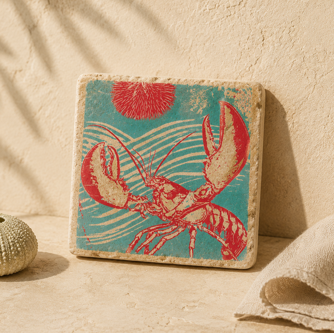 Quadratische Travertin-Dekofliese mit magentafarbenem Hummer, erhobenen Scheren und Wellenlinien auf Türkis. Die 10 × 10 cm große Fliese lehnt in einer warmen, sandfarbenen Kulisse zwischen einem Seeigel und einem hellen Leinentuch.
